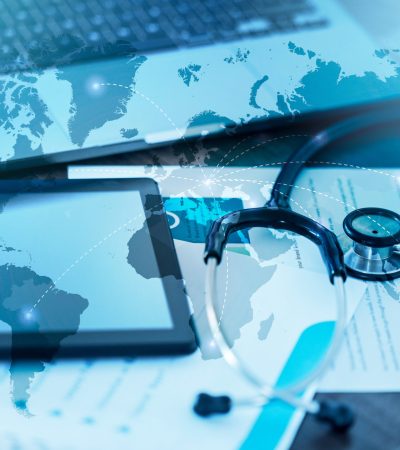 Technology, documents or stethoscope in global healthcare collaboration, medical community or life insurance 3D. Zoom, paper or laptop digital transformation of world map hologram in future medicine.